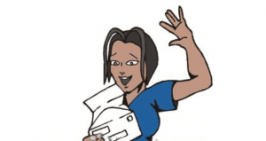 A cartoon of a woman holding something in her hand.