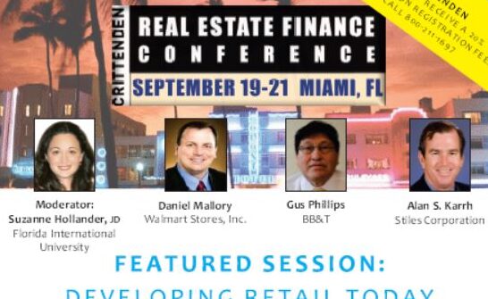 A banner with two people on it and the text " crittenden real estate finance conference september 1 9-2 1 miami, fl."