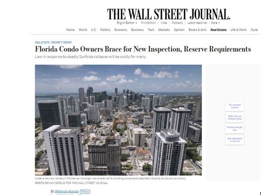 Wallstreet Journal Interviews Professor Real Estate Suzanne Hollander on New Florida Condominium Law and Real Estate